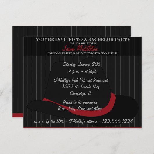 フェドーラハットとピンストライプのバチェラーパーティー 招待状 (正面/裏面)