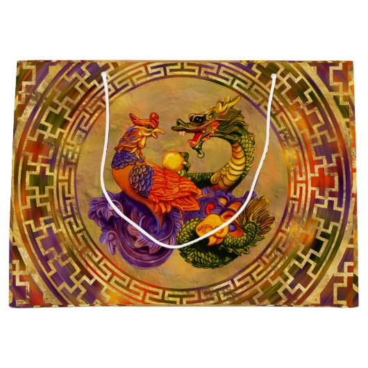 フェニックスとドラゴン – カラーと金ゴールド ラージペーパーバッグ (正面)