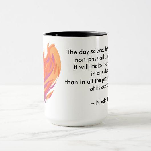 フェニックスの鳥のアートワークが付いているTeslaの引用文のマグ マグカップ (中央)