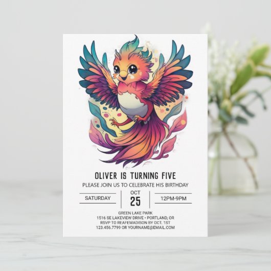 フェニックスファイアバードかわいい誕生日の招待状 招待状 (スタンド正面)