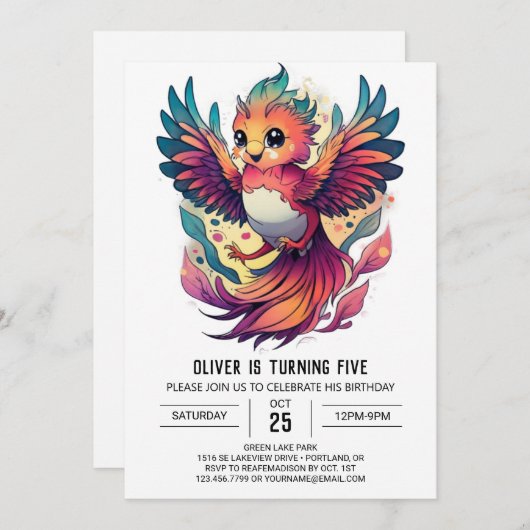フェニックスファイアバードかわいい誕生日の招待状 招待状 (正面/裏面)