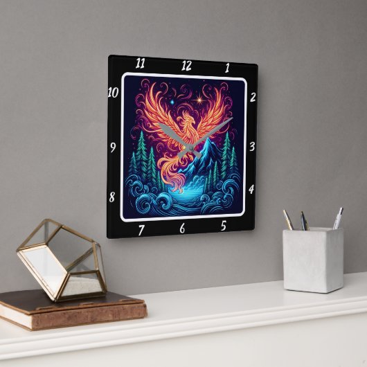 フェニックス・フライト・オーバー・ミッドナイト・リッジ スクエア壁時計 (オフィス)