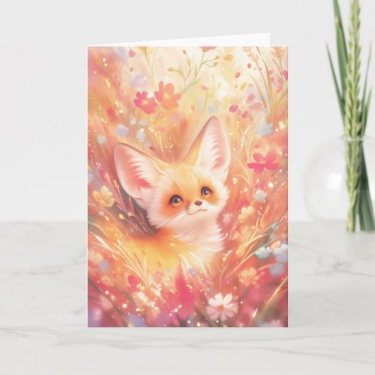フェネックキツネと夕暮れの花々 カード (正面)