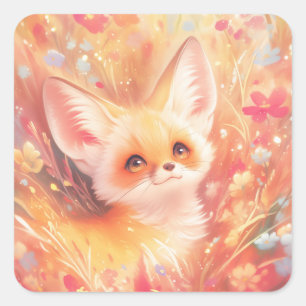 フェネックキツネと夕焼けの花々 スクエアシール