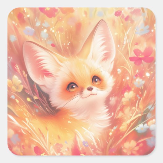 フェネックキツネと夕焼けの花々 スクエアシール (正面)