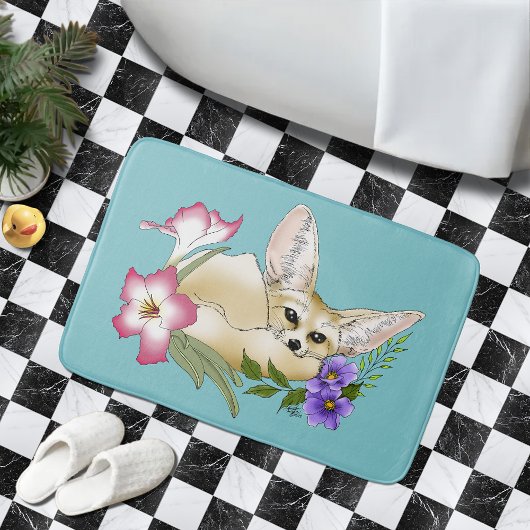 フェネック キツネ ピンクの花 かわいい 青い植物画 バスマット