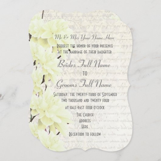 フェミニンかわいらし淡い色のパステルイエローフローラ結婚ズ 招待状 (正面/裏面)