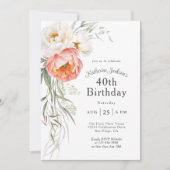 フェミニンなコーラルピンクの花の40歳の誕生日 招待状 (正面)
