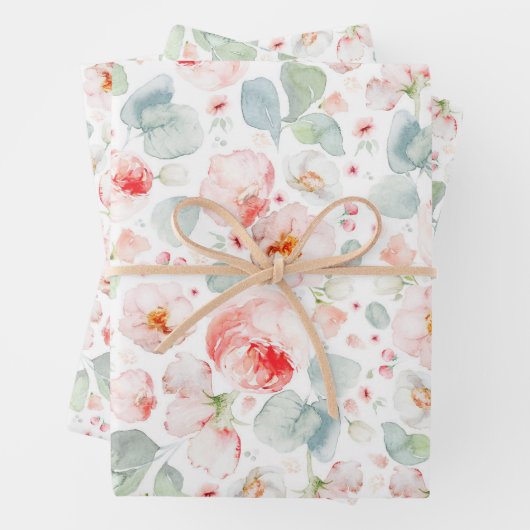 フェミニンなピンクと白の水彩花 ラッピングペーパーシート (インサイチュ)