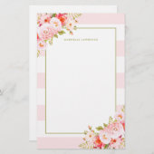 フェミニンなピンクのストライプおよびシャクヤクの文房具 便箋 (正面/裏面)