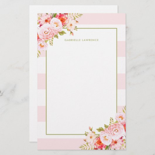 フェミニンなピンクのストライプおよびシャクヤクの文房具 便箋 (正面/裏面)