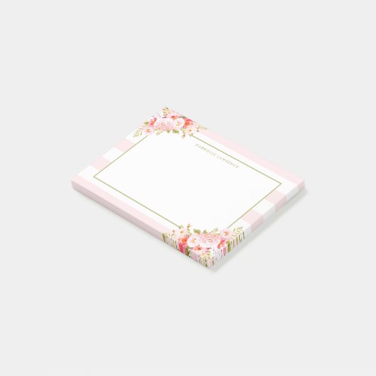 フェミニンなピンクのストライプおよびシャクヤクパーソナライズなII ポストイット (アングル)