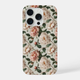 フェミニンなピンクの芍薬の白い花柄 iPhone 15 PROケース