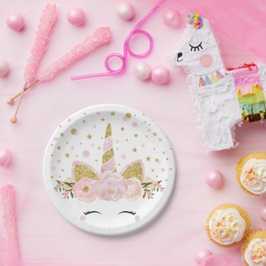 フェミニンなピンクの金ゴールドの花のユニコーンの誕生会 ペーパープレート (パーティー)