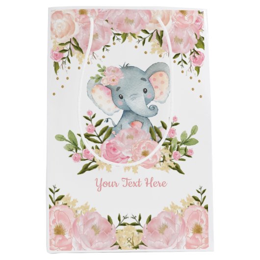 フェミニンなピンクの金ゴールド象のベビーの水彩画の花柄 ミディアムペーパーバッグ (正面)