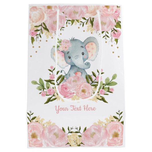 フェミニンなピンクの金ゴールド象のベビーの水彩画の花柄 ミディアムペーパーバッグ (裏面)