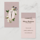 フェミニンなピンクの鳥の花柄のはさみの美容師 名刺 (正面/裏面)