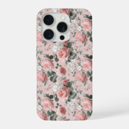 フェミニンなベイビーピンクのバラの白い花柄 iPhone 15 PROケース