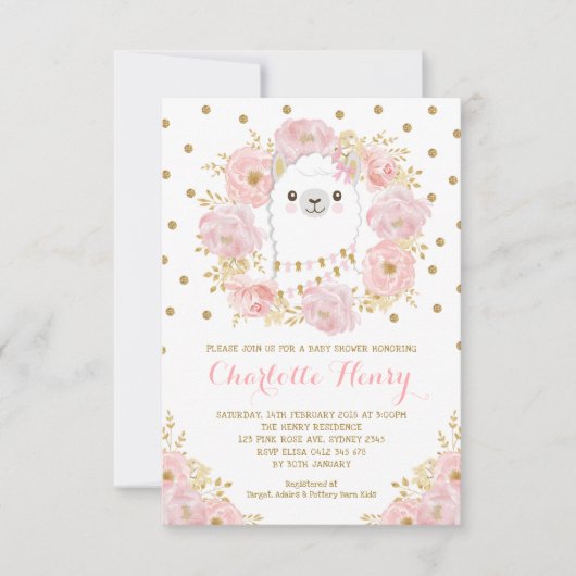 フェミニンなラマの赤面のピンクの金ゴールドの花のベビーシャワー 招待状 (正面)