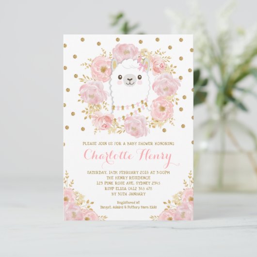 フェミニンなラマの赤面のピンクの金ゴールドの花のベビーシャワー 招待状 (スタンド正面)