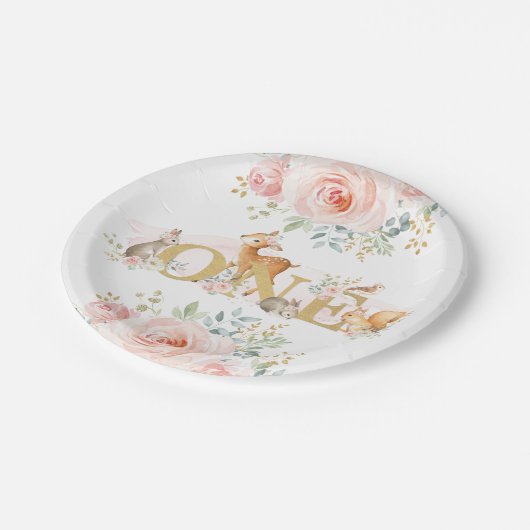 フェミニンな森林第1誕生日/ピンクの金ゴールドの花柄 ペーパープレート (アングル)