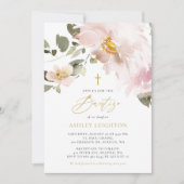 フェミニンな水彩フラワーブラッシュピンクの女の子の洗礼会 招待状 (正面)