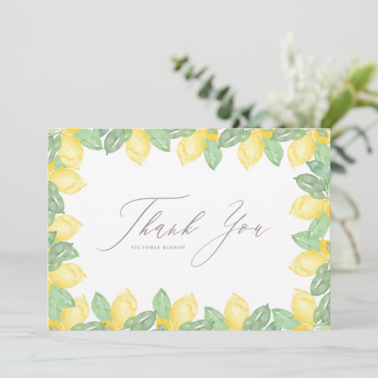フェミニンな水彩レモンフレーム 結婚式のお礼 サンキューカード (スタンド正面)