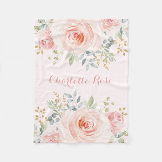 フェミニンな水彩画の赤面のバラの女の赤ちゃんの子供部屋 フリースブランケット (正面)