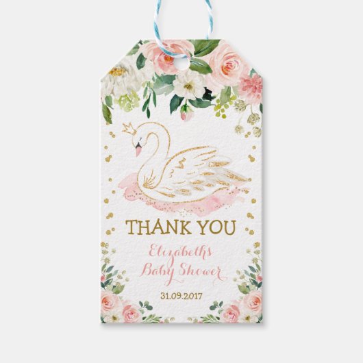 フェミニンな白鳥のプリンセスの花柄のばら色の誕生日の好意 ギフトタグ (正面)