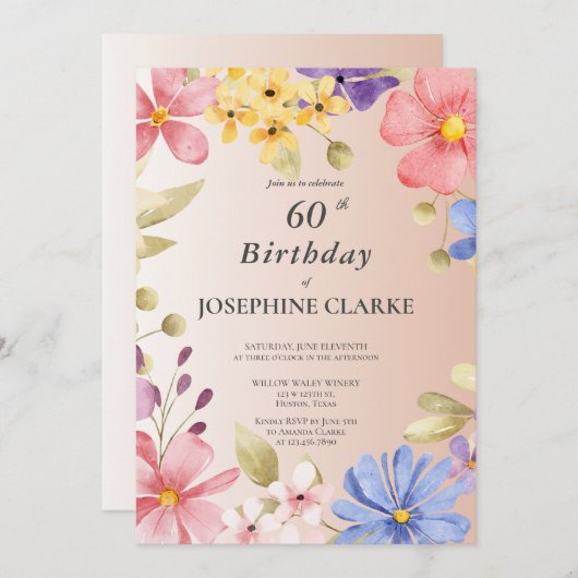 フェミニンな花のリース 60歳の誕生日パーティー 招待状 (正面/裏面)