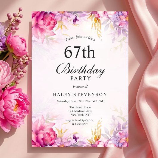 フェミニンな花柄のパステル調の水彩画風のデザインが可愛い67歳の誕生日 招待状