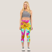 フェミニンカラフルフローラブルー背景かわいい カプリレギンス (正面)