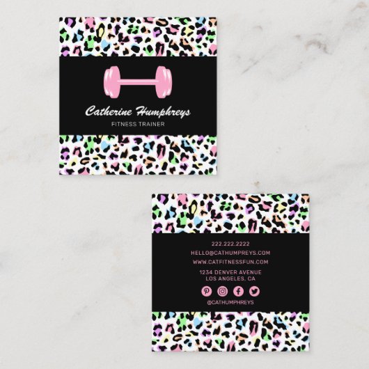 フェミニンパーソナルトレーナーヒョウ印刷 スクエア名刺 (正面/裏面)