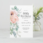 フェミニンピンクとベージュの花の60歳誕生日パーティー 招待状 (スタンド正面)