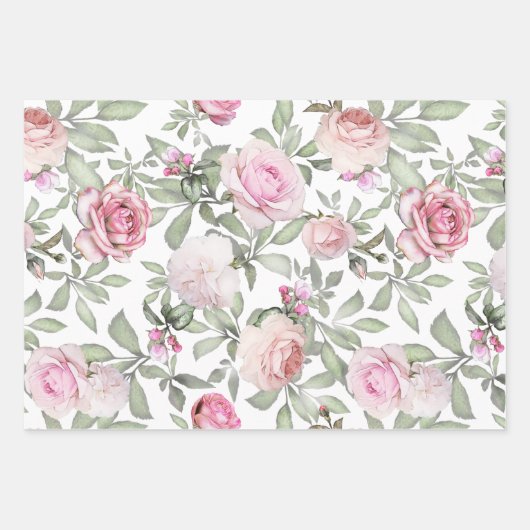 フェミニンピンクのバラの水彩花 ラッピングペーパーシート (正面3)