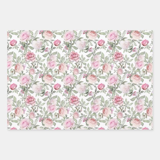 フェミニンピンクのバラの水彩花 ラッピングペーパーシート (正面)