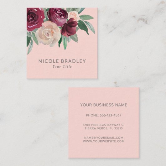 フェミニンピンク水彩フローラ名刺 スクエア名刺 (正面/裏面)