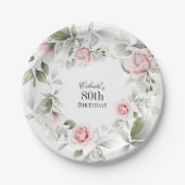 フェミニンピンク水彩フローラ80誕生日 ペーパープレート (正面)