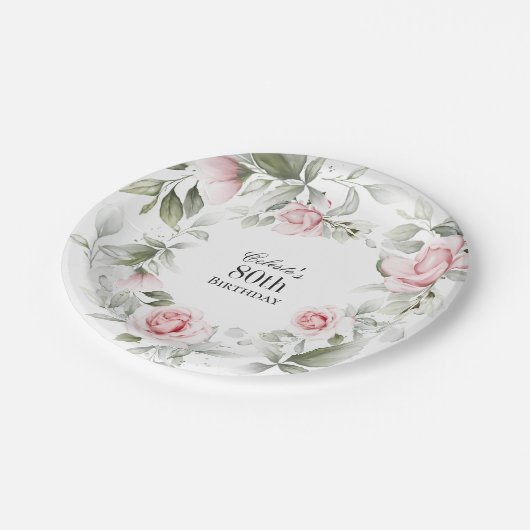 フェミニンピンク水彩フローラ80誕生日 ペーパープレート (アングル)