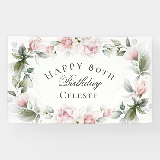 フェミニンピンク水彩フローラ80誕生日 横断幕 (横)