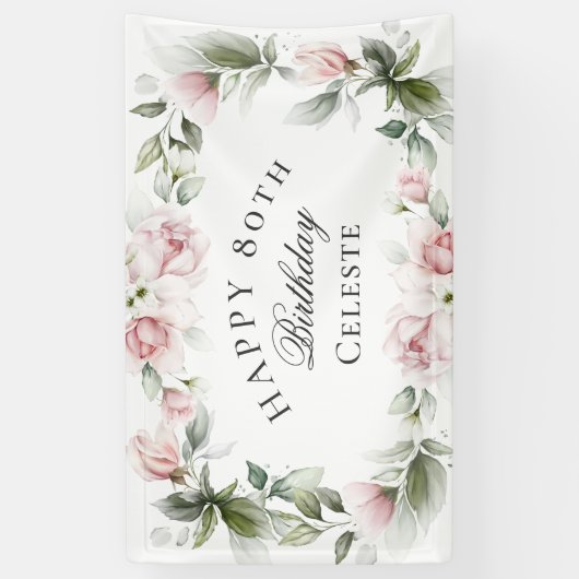 フェミニンピンク水彩フローラ80誕生日 横断幕 (縦)