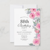フェミニンピンク ウォーターカラー フローラル シック 88歳の誕生日 招待状 (正面)