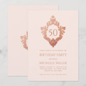フェミニンピンク ブラッシュ ローズゴールド クレスト 50歳の誕生日 招待状 (正面/裏面)