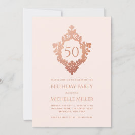 フェミニンピンク ブラッシュ ローズゴールド クレスト 50歳の誕生日 招待状