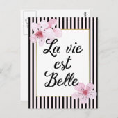 フェミニンフランスのピンクとストライプ黒の花 ポストカード (正面/裏面)