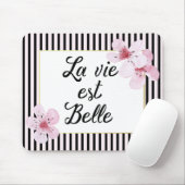 フェミニンフランスのピンクとストライプ黒の花 マウスパッド (マウス)