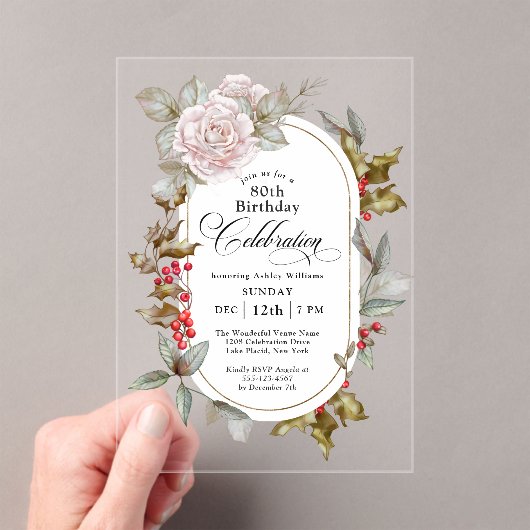 フェミニンフローラ12月80誕生祝い アクリル招待状 (インサイチュ (ポータブル))