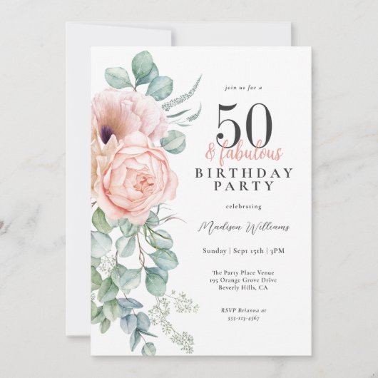 フェミニンフローラ50と素晴らしい誕生日パーティー 招待状 (正面)