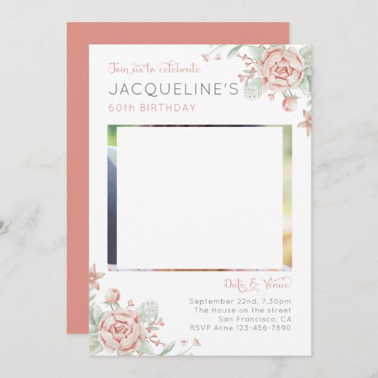 フェミニンフローラ60番目の誕生日招待状 招待状 (正面/裏面)
