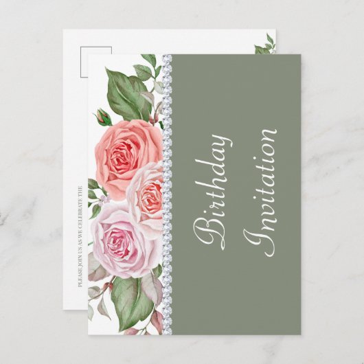 フェミニンフローラ&ダイヤモンド30歳の誕生日 インビテーションポストカード (正面/裏面)